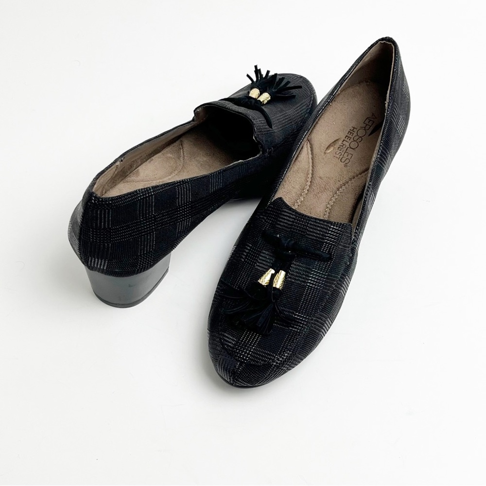 AEROSOLES Black Plaid Touchpad Heel Rest Tassel Block Heels Loafers, Size 7.5